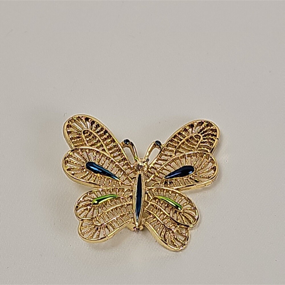 Gerry's Brooch Pin Gold Tone Green Blue Enamel Filigree Butterfly Nature VTG